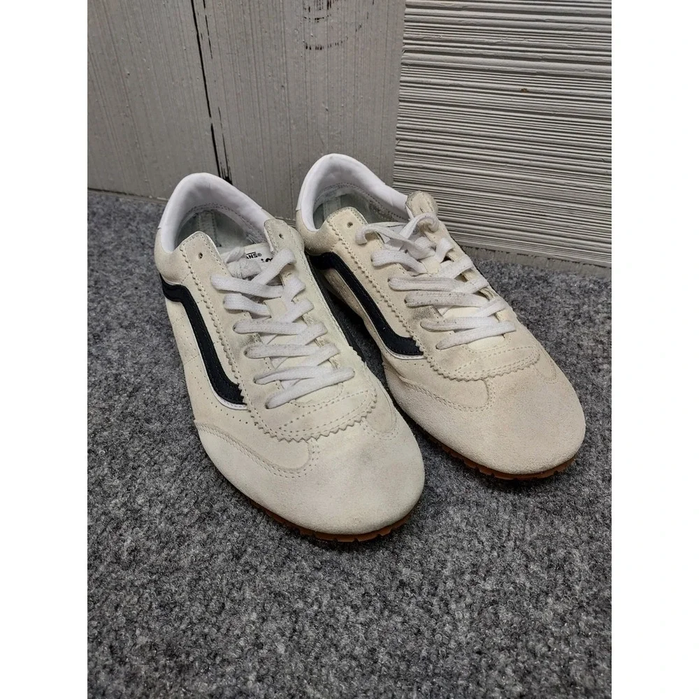 Vans Men Athletic Sneakers 8.5 Cream White Lace Up Round Toe Comfort Logo Active
